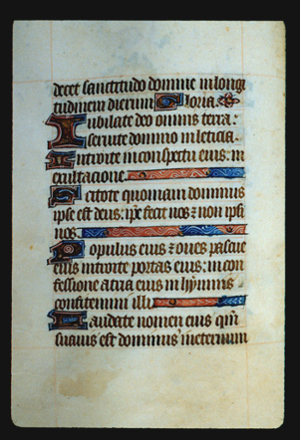 Page 30v, containing a dense block of blackletter text, with 6 illuminated initial letters ,  and a few horizontal ornaments that fill up empty space at the end of sentences..