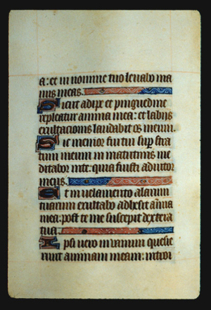 Page 31v, containing a dense block of blackletter text, with 4 illuminated initial letters, and several horizontal ornaments that fill the space following the end of a sentence. 