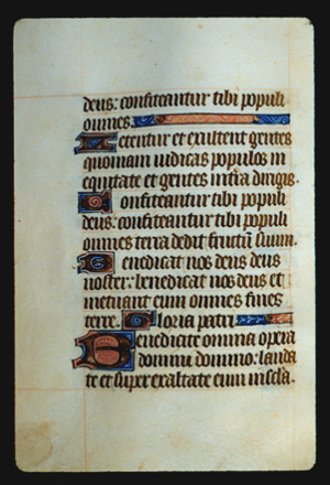 Page 32v, containing a dense block of blackletter text, with 4 illuminated initial letters, and several horizontal ornaments that fill the space following the end of a sentence. 