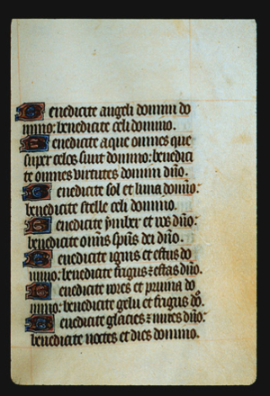 Page 33r, containing a dense block of blackletter text, with 4 illuminated initial letters, one of which, a "B," is larger than the others.  There are also several horizontal ornaments that fill the space following the end of a sentence. 