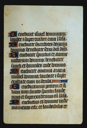 Page 34r, containing a dense block of blackletter text, with 6 illuminated initial letters, and a horizontal ornament that fills the space following the end of a sentence. 