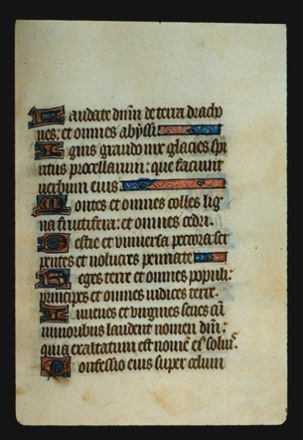 Page 35r, containing a dense block of blackletter text, with 7 illuminated initial letters, and 3 horizontal ornaments that fill the space following the end of a sentence. 