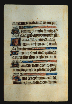 Page 35v, containing a dense block of blackletter text, with 5 illuminated initial letters, and 4 horizontal ornaments that fill the space following the end of a sentence. 
