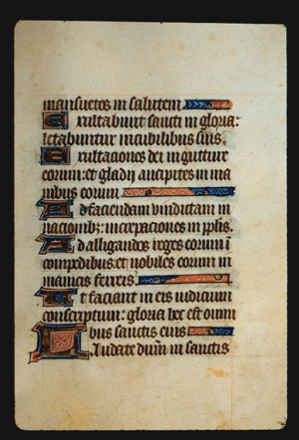 Page 36r, containing a dense block of blackletter text, with 6 illuminated initial letters, one of which is larger than the others.  There are also several horizontal ornaments that fill the space following the end of a sentence. 