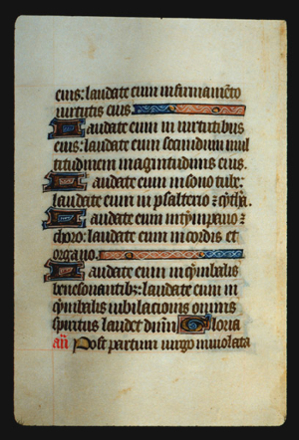 Page 36v, containing a dense block of blackletter text, with 5 illuminated initial letters.  There are also 2 horizontal ornaments that fill the space following the end of a sentence and one word inked in red. 