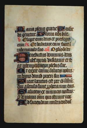 Page 37v, containing a dense block of blackletter text, with 8 illuminated initial letters.  There are also 3 words inked in red as well as a horizontal ornament and some yellow counterspaces. 