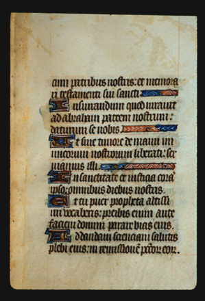Page 38r, containing a dense block of blackletter text, with 5 illuminated initial letters.  There are also 3 horizontal ornaments that fill the space following the end of a sentence. 