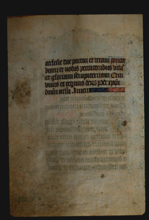 Page 40v, containing  the last page of this section, which contains 5 lines of text and a horizontal ornament that fills the rest of the space on the last line to the right margin. Text on the opposite side of page shows through.