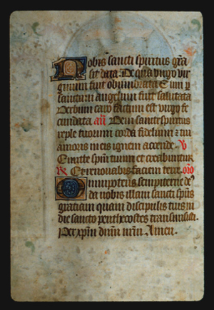 Page 41v, containing a dense block of blackletter text, with 2 illuminated initial letters and 3 red inked words.
