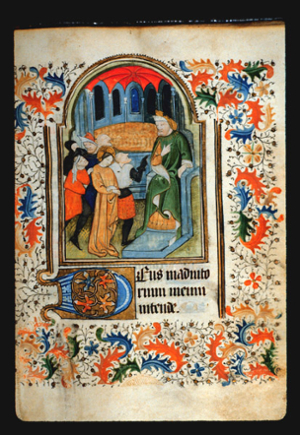 Page 42r containing a painting of Christ before Caiphus. In the painting, a seated man faces a crowd of 8 people who are talking to him. A man with a black glove points at him. The central person in the crowd has a halo. Around the painting the page is filled with ornate leaf and vine patterning. 