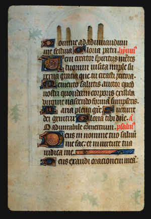 Page 42v, containing a dense block of blackletter text, with 9  illuminated initial letters and several red inked words and ornamental elements.  There are some brown stains on the page as well..