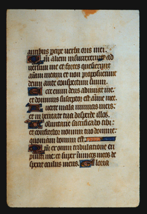 Page 43r, containing a dense block of blackletter text, with 6  illuminated initial letters and  an  ornamental horizontal element.  