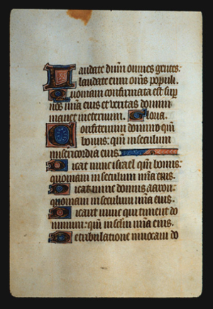 Page 43v, containing a dense block of blackletter text, with 7  illuminated initial letters and  an  ornamental horizontal element.  