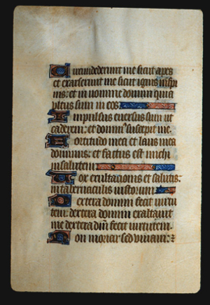 Page 44v, containing a dense block of blackletter text, with 6  illuminated initial letters and  3  horizontal ornamental elements that fill the space between the end of a sentence and the right margin.  