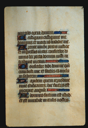 Page 45r, containing a dense block of blackletter text, with 5  illuminated initial letters and  4  horizontal ornamental elements that fill the space between the end of a sentence and the right margin.  