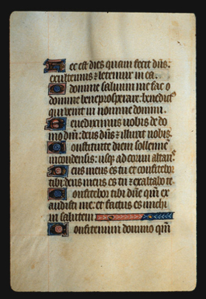 Page 45v, containing a dense block of blackletter text, with 7  illuminated initial letters and  a horizontal ornamental element that fill the space between the end of a sentence and the right margin.  