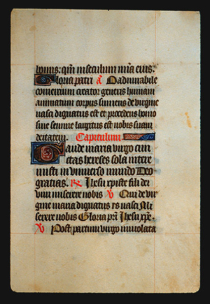 Page 46r, containing a dense block of blackletter text, with 2  illuminated initial letters, some yellow counterspaces, red inked words  and  a horizontal ornamental element that fill the space between the end of a sentence and the right margin.  