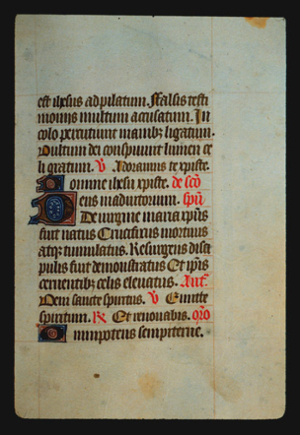 Page 47r, containing a dense block of blackletter text, with 3 illuminated initial letters, some yellow counterspaces, and red inked words..  