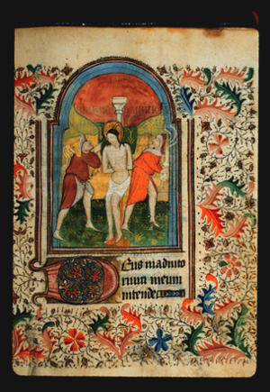 Page 48r with a painting of the Flagellation of Christ.  Painting is surrounded by a full painted border with achantus scrolls in red, blue and green, and leaf and vine patterns.