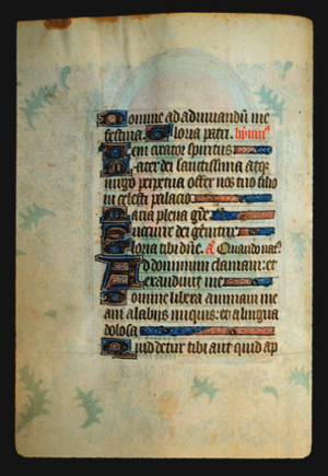 Page 48v containing a dense block of blackletter text, with 10 illuminated initial letters, one of which, a letter "A: is larger than the others.  Also some yellow counterspaces, red inked words and several horizontal ornamental elements that fill the space from the end of a sentence to the right margin..  