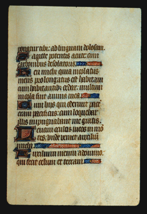 Page 49r containing a dense block of blackletter text, with 5 illuminated initial letters, and several horizontal ornamental elements that fill the space from the end of a sentence to the right margin..  