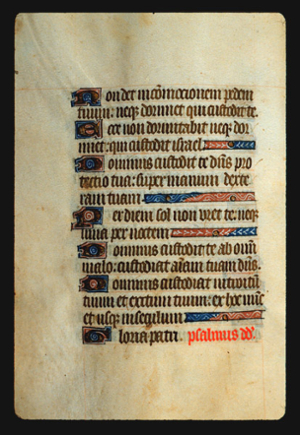Page 49v containing a dense block of blackletter text, with 7 illuminated initial letters, 2 red inked words and several horizontal ornamental elements that fill the space from the end of a sentence to the right margin..  