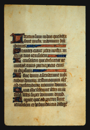 Page 50r containing a dense block of blackletter text, with 5 illuminated initial letters,  and several horizontal ornamental elements that fill the space from the end of a sentence to the right margin..  