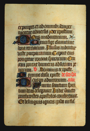 Page 51v, containing a dense block of blackletter text, with 5 illuminated initial letters and several red inked words and gold counterspaces. 