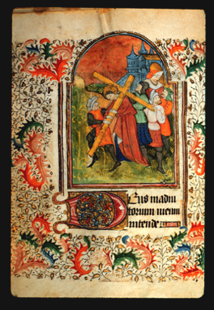 Page 52v, containing a painting of Christ Carrying of the Cross. There is a full painted border filling the page  with achantus scrolls in red and blue, and leaf and vine patterning. 
