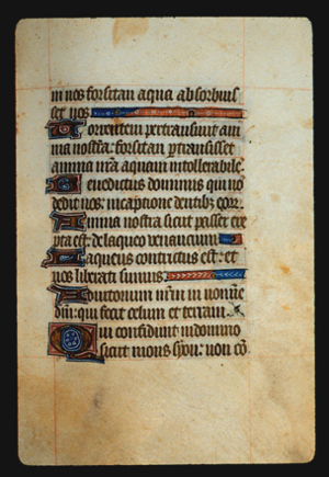 Page 54r, containing a dense block of blackletter text, with 6 illuminated initial letters,  and 3 horizontal ornamental elements that fill the space from the end of a sentence to the right margin. 