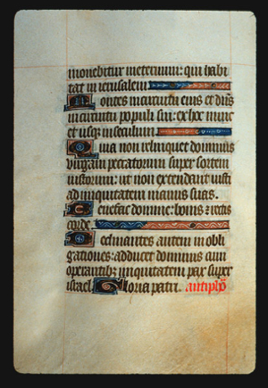 Page 54v, containing a dense block of blackletter text, with 5 illuminated initial letters, , a red word, and 3 horizontal ornamental elements that fill the space from the end of a sentence to the right margin. 