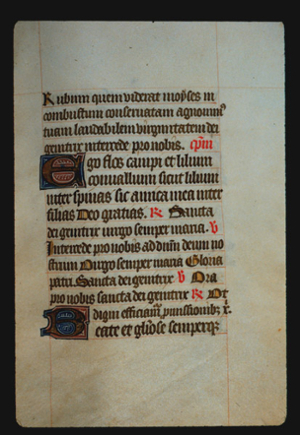 Page 55r, containing a dense block of blackletter text, with 2 illuminated initial letters, some red words and gold counterspaces.