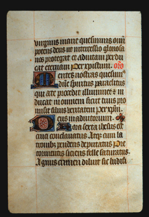 Page 55v, containing a dense block of blackletter text, with 3 illuminated initial letters, a red word, a floral ornament, and gold counterspaces.