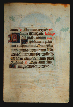 Page 56r, containing a  partial page of text, with 3 illuminated initial letters, 4 red words, a floral ornament, and several gold counterspaces.
