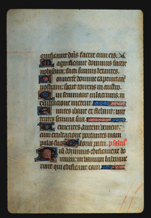 Page 57v, containing a dense block of blackletter text, with 7 illuminated initial letters,  the word "psalm" is inked in red,  an ornament at the end of the first line, and 3 horizontal ornamental elements that fill the space from the end of a sentence to the right margin.