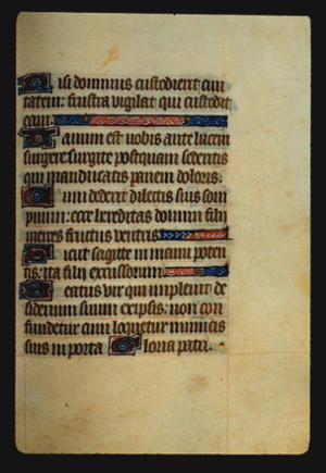 Page 58r, containing a dense block of blackletter text, with 6 illuminated initial letters,   and 3 horizontal ornamental elements that fill the space from the end of a sentence to the right margin.