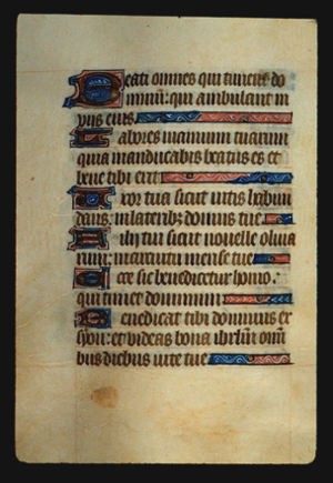 Page 58v, containing a dense block of blackletter text, with 6 illuminated initial letters, the first of which, a letter "B," is larger than the others,  and 6 horizontal ornamental elements that fill the space from the end of a sentence to the right margin.
