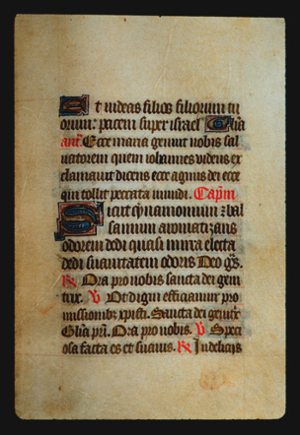 Page 59r, containing a dense block of blackletter text, with 3  illuminated initial letters,  and some red words and gold counterspaces.