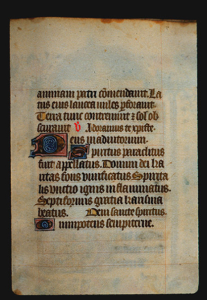 Page 60r, containing a partial page of blackletter text, with 3  illuminated initial letters,  one red letter, and several gold counterspaces.