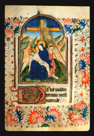 Page 61r, with a painting of Descent from the Cross (Lamentation under the Cross: Pietà with St. John). Surrounding the painting a border fills the page with achantus scrolls in red and blue and leaf and vine patterns.