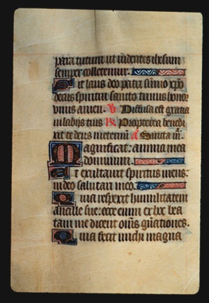 Page 62v, containing a dense block of blackletter text, with 5 illuminated initial letters, some red words and 5 horizontal ornaments that fill the space from the end of a sentence to the right margin.