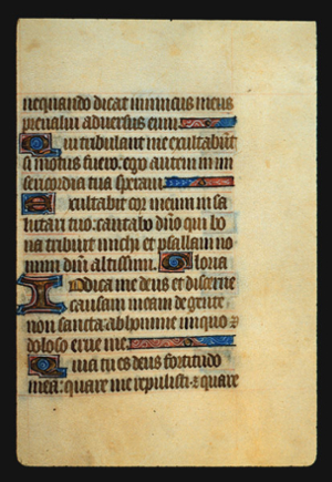 Page 66r, containing a dense block of blackletter text, with 5 illuminated initial letters, a red word, and 3  long horizontal ornaments that fill the space from the end of a sentence to the right margin. 