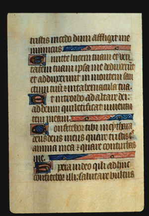 Page 66v, containing a dense block of blackletter text, with 4 illuminated initial letters, and 3  long horizontal ornaments that fill the space from the end of a sentence to the right margin. 