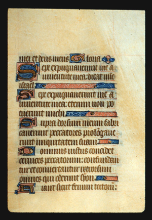 Page 67r, containing a dense block of blackletter text, with 6 illuminated initial letters, and several ornaments that fill the space from the end of a sentence to the right margin. 
