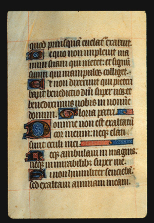 Page 67v, containing a dense block of blackletter text, with 6 illuminated initial letters, and 2 ornaments that fill the space from the end of a sentence to the right margin. 