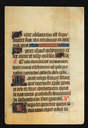 Page 68r, containing a dense block of blackletter text, with 5 illuminated initial letters, 2 red words, some gold counterspaces, and 2 ornaments that fill the space from the end of a sentence to the right margin. 