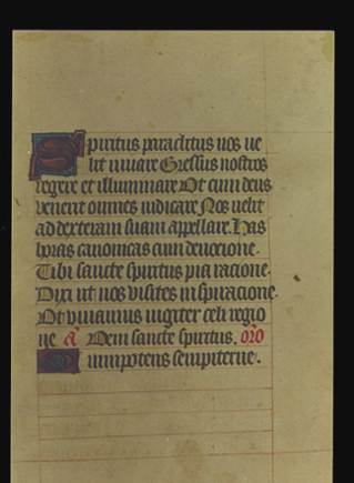 Page 70r, containing a partial page of blackletter text, with 2  illuminated initial letters, 2 red words, and several gold counterspaces. 