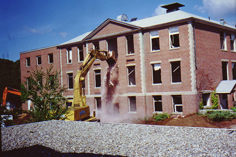 Photo of the front of Ford Hall as the wrecking crew begins demolition.