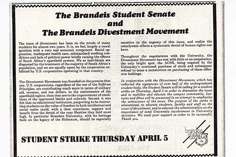 news clipping of an announcement for a strike against Apartheid; black text on white background.