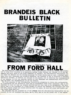 Page 1 of a printed, multi-page newsletter, entitled Black Bulletin #1; black text on white background. The cover includes a photo of a sign with a picture of Malcolm X that states "Malcolm X University" hanging from a window in Ford Hall.